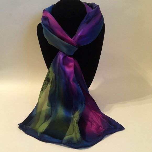 Hand Crafted Accessories - Hand Painted Silk Scarf Reddish Purple Olive Green Blue Ladies Head Neck Gift